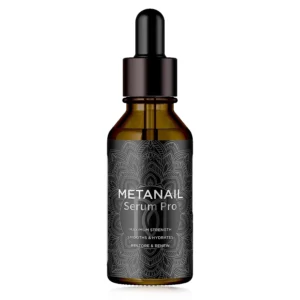 MetaNail Serum Pro toenail treatment bottle for fungal nail repair and healthy nail growth, shown with before/after visual results