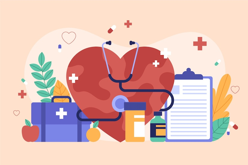 Flat World Health Day background with global wellness symbols, medical icons, and vibrant abstract design for health awareness campaigns.