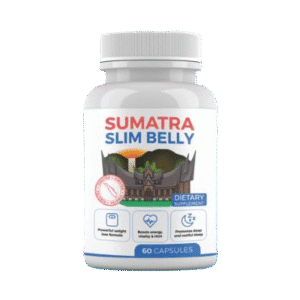 Sumatra Slim Belly Tonic bottle with natural ingredients for weight management, displayed alongside clinical research documents for proof of efficacy